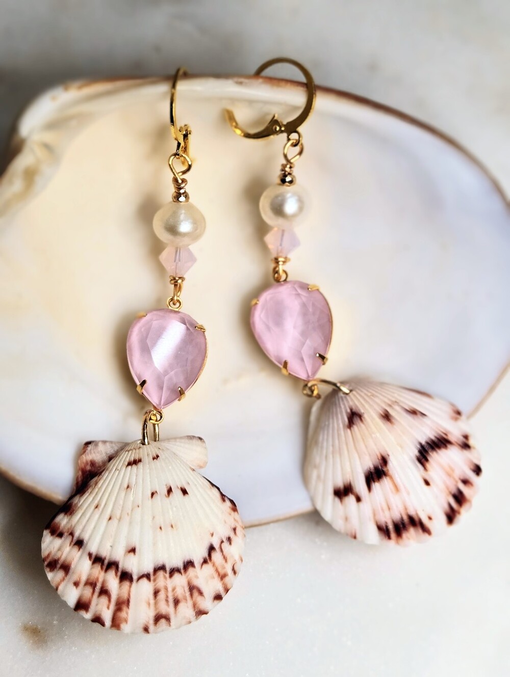 Powder Pink Crystal W/ Natural Shell & Pearls In Long Statement Artisan Earrings